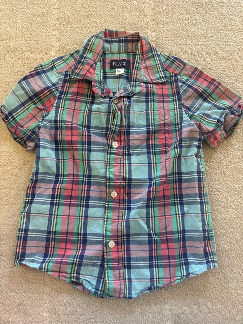 The Children's Place Mint, Navy & Coral Plaid Short-Sleeve Button-Down Shirt